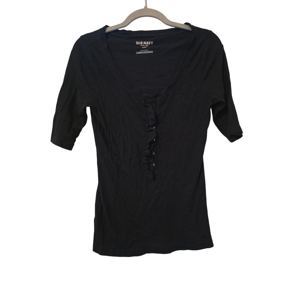 Old Navy Women’s Small Black Ruffle Henley Tee 2012 Cotton Modal Y2K Style